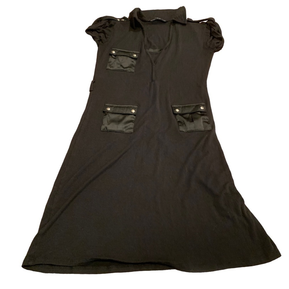 Philosophy Blues Original Short Sleeve Black Dress Satin Snap Pockets Small